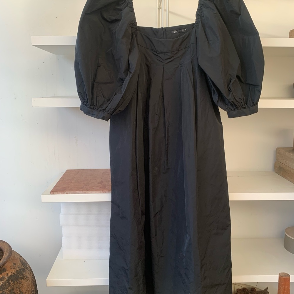 Zara Empire Style Black Puff Sleeve Dress w/ pockets